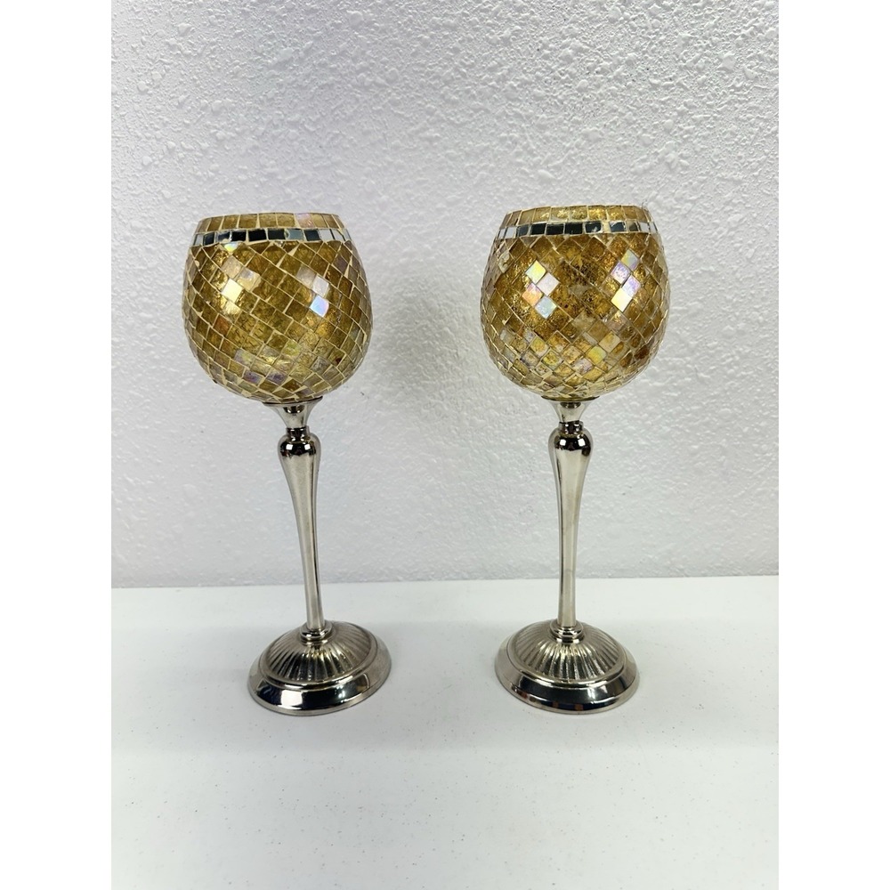 Pair Hobby Lobby Home Accents Gold  Mosaic Glass Candle Holders 2015